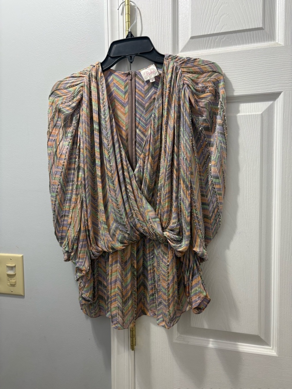 Parker Pastel Chevron Beaded Draped V-Neck Silk Blouse